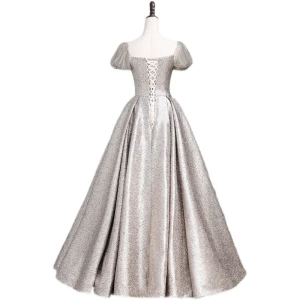 Scintillantes Argenté Glitter Paillettes Satin Robe De Bal 2021 Princesse Encolure Carrée Tachetée Manches Courtes Dos Nu Longue Robe De Ceremonie