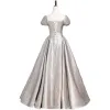 Sparkly Silver Glitter Sequins Satin Prom Dresses 2021 A-Line / Princess Square Neckline Spotted Short Sleeve Backless Floor-Length / Long Formal Dresses