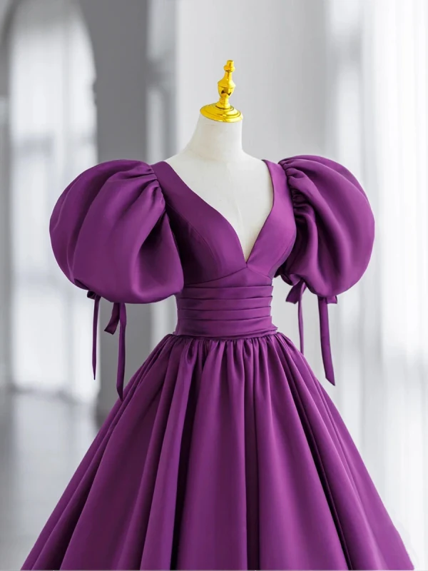 Vintage / Retro Grape Satin Prom Dresses 2021 A-Line / Princess V-Neck Puffy Short Sleeve Backless Bow Sweep Train Formal Dresses