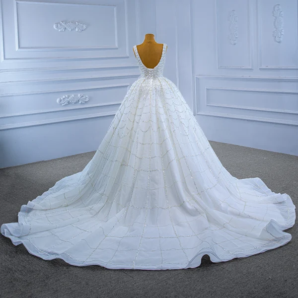 High End Weiß Glanz Perlenstickerei Pailletten Brautkleider / Hochzeitskleider 2021 Ballkleid Eckiger Ausschnitt Ärmellos Rückenfreies Kathedrale Schleppe Hochzeit