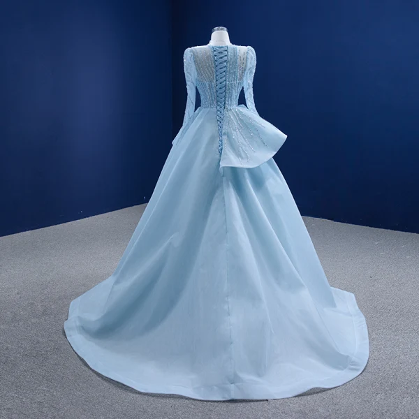 High-end Pool Blue Beading Sequins Prom Dresses 2021 A-Line / Princess High Neck Long Sleeve Sweep Train Formal Dresses