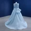 High-end Pool Blue Beading Sequins Prom Dresses 2021 A-Line / Princess High Neck Long Sleeve Sweep Train Formal Dresses