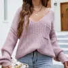 Comfortable Casual Fall Winter Brown Knitting Sweaters 2021 V-Neck Long Sleeve Loose Women Tops