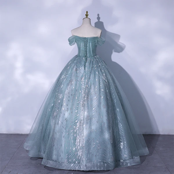Chic / Beautiful Sage Green Glitter Prom Dresses 2021 Ball Gown Off-The-Shoulder Beading Sequins Short Sleeve Backless Floor-Length / Long Formal Dresses