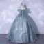 Chic / Beautiful Sage Green Glitter Prom Dresses 2021 Ball Gown Off-The-Shoulder Beading Sequins Short Sleeve Backless Floor-Length / Long Formal Dresses