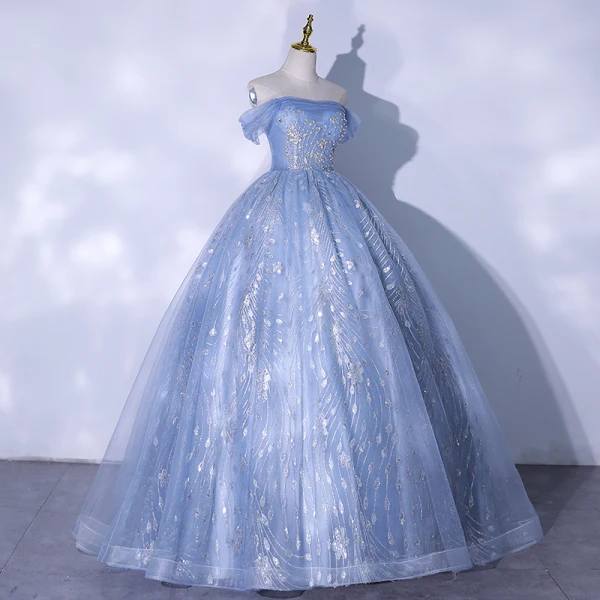 Élégant Bleu Ciel Glitter Perlage Paillettes Robe De Bal 2021 De l'épaule Manches Courtes Dos Nu Longue Robe De Ceremonie
