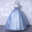 Elegant Sky Blue Prom Dresses 2021 Ball Gown Strapless Beading Sequins Lace Flower Sleeveless Backless Floor-Length / Long Formal Dresses