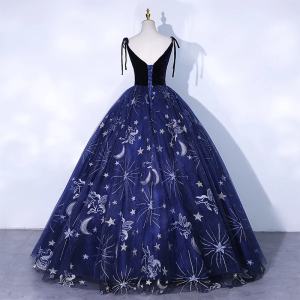 Chic / Beautiful Navy Blue Suede Prom Dresses 2021 Ball Gown Spaghetti Straps Lace Flower Sleeveless Backless Floor-Length / Long Formal Dresses