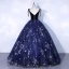 Chic / Beautiful Navy Blue Suede Prom Dresses 2021 Ball Gown Spaghetti Straps Lace Flower Sleeveless Backless Floor-Length / Long Formal Dresses