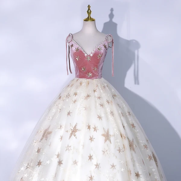 Charmant Rougissant Rose Robe De Bal 2021 Robe Boule V-Cou En Dentelle Paillettes Étoile Sans Manches Dos Nu Longue Robe De Ceremonie