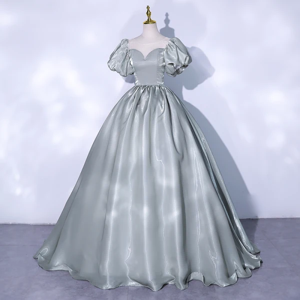 Chic Gris Vert Robe De Bal 2021 Robe Boule Encolure Dégagée Gonflée Manches Courtes Dos Nu Longue Robe De Ceremonie