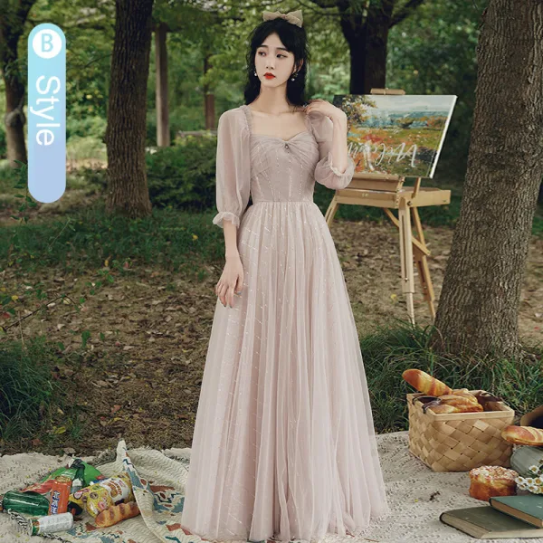 Modest / Simple Dusky Pink Sequins Bridesmaid Dresses 2021 A-Line / Princess Short Sleeve Backless Floor-Length / Long Wedding Party Dresses