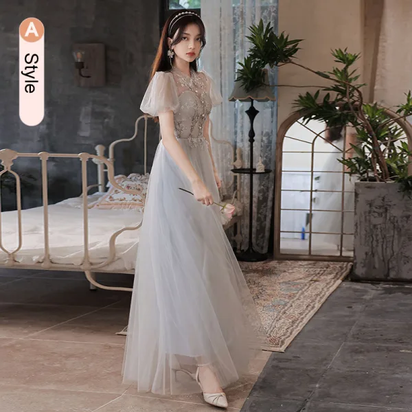Chic / Beautiful Grey Pearl Lace Flower Bridesmaid Dresses 2021 A-Line / Princess Short Sleeve Backless Floor-Length / Long Bridesmaid Wedding Party Dresses