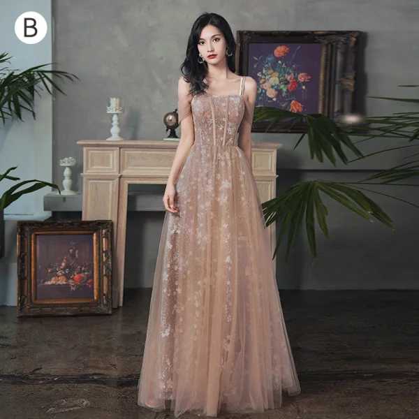 Chic / Beautiful Champagne Glitter Bridesmaid Dresses 2021 A-Line / Princess Short Sleeve Lace Flower Backless Floor-Length / Long Bridesmaid Wedding Party Dresses