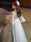 Fashion Sky Blue Lace Flower Bridesmaid Dresses 2021 A-Line / Princess V-Neck Pearl Sequins Bell sleeves Floor-Length / Long Wedding Party Dresses