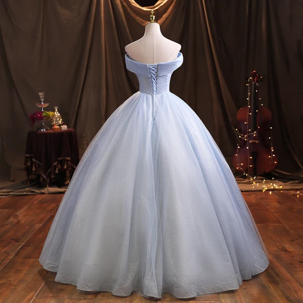 Élégant Bleu Ciel Robe De Bal 2021 Robe Boule De l'épaule Paillettes En Dentelle Fleur Appliques Sans Manches Dos Nu Longue Robe De Ceremonie