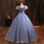 Scintillantes Bleu Ciel Glitter Robe De Bal 2021 Robe Boule Encolure Dégagée Gonflée Manches Courtes Noeud Dos Nu Longue Robe De Ceremonie