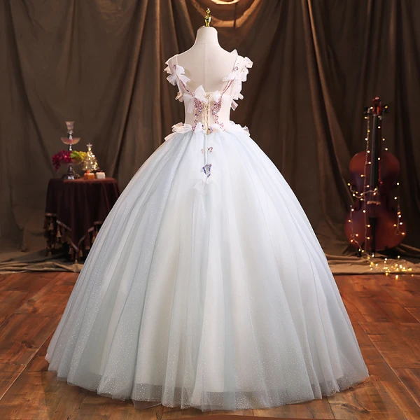 Mode Bleu Ciel Robe De Bal 2021 Robe Boule V-Cou Perlage Perle Faux Diamant Noeud Sans Manches Dos Nu Longue Robe De Ceremonie