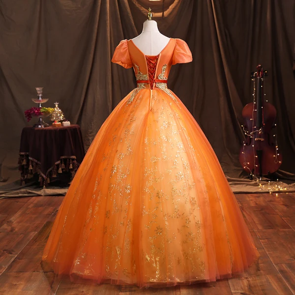 Elegant Orange Beading Pearl Sequins Prom Dresses 2021 Ball Gown Square Neckline Puffy Short Sleeve Backless Sash Floor-Length / Long Formal Dresses