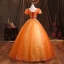 Elegant Orange Beading Pearl Sequins Prom Dresses 2021 Ball Gown Square Neckline Puffy Short Sleeve Backless Sash Floor-Length / Long Formal Dresses