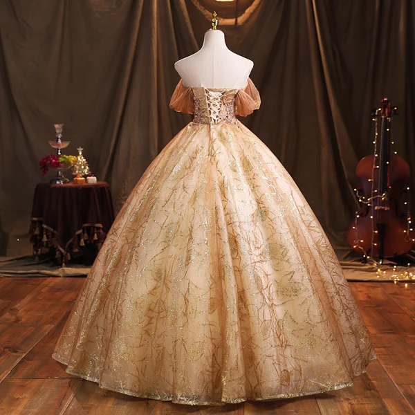 Charming Champagne Beading Pearl Sequins Prom Dresses 2021 Ball Gown Strapless Sleeveless Backless Floor-Length / Long Formal Dresses