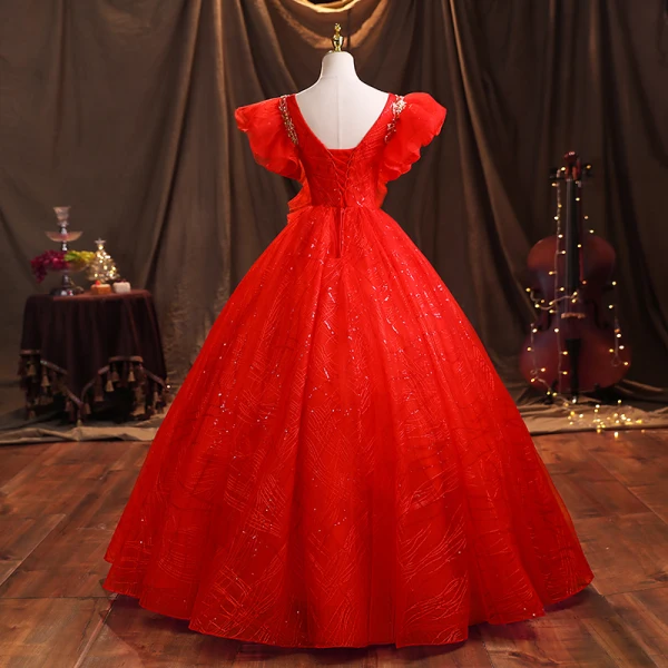 Elegant Red Prom Dresses Floor-Length / Long 2021 Ball Gown Scoop Neck Beading Sequins Puffy Short Sleeve Backless Prom Formal Dresses