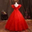 Elegant Red Prom Dresses Floor-Length / Long 2021 Ball Gown Scoop Neck Beading Sequins Puffy Short Sleeve Backless Prom Formal Dresses