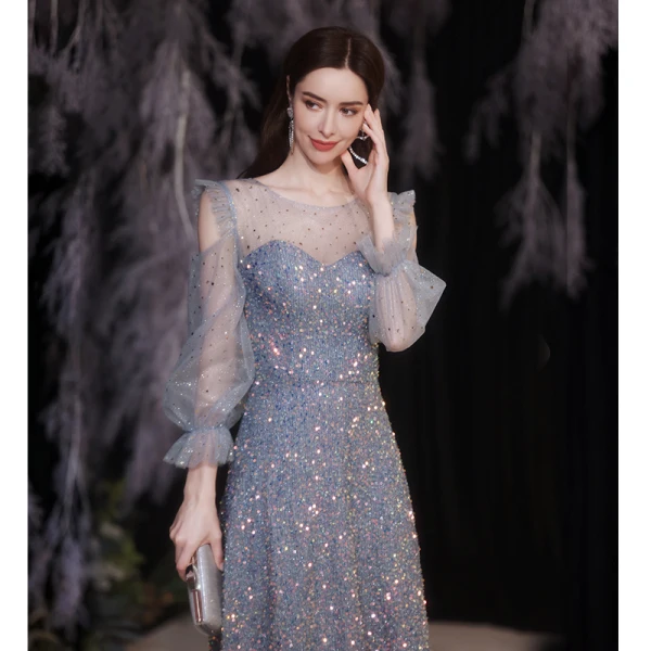 Sparkly Sky Blue Beading Sequins Evening Dresses 2021 A-Line / Princess Scoop Neck 3/4 Sleeve Evening Party Floor-Length / Long Formal Dresses