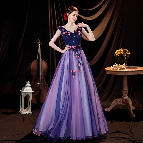 Fée Des Fleurs Bleu Marine Robe De Bal 2021 Princesse V-Cou Appliques En Dentelle Fleur Sans Manches Dos Nu Longue Robe De Ceremonie