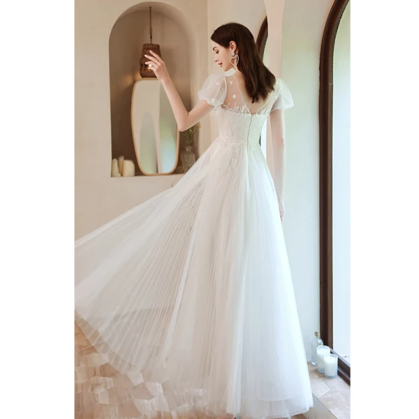 Élégant Blanche Robe De Bal 2021 Princesse Encolure Dégagée Perlage En Dentelle Fleur Manches Courtes Dos Nu Longue Promo Robe De Ceremonie