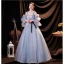 Chic Bleu Ciel Robe De Bal 2021 Princesse Bretelles Spaghetti Perle En Dentelle Fleur Appliques Volants Manches Courtes Ceinture Noeud Longue Dos Nu Robe De Ceremonie