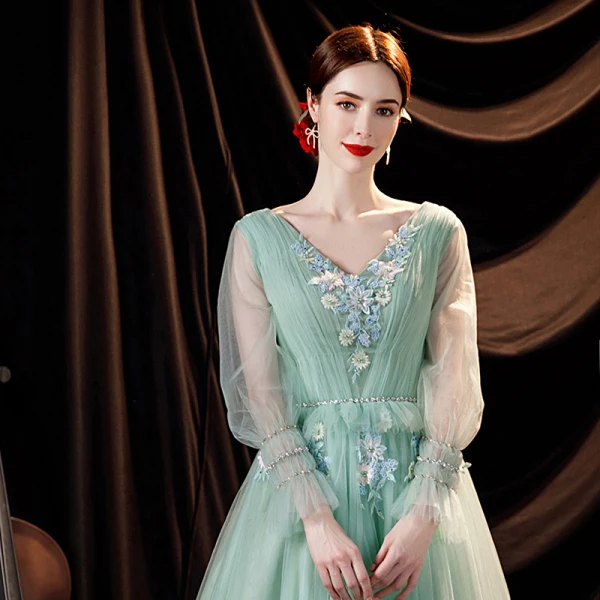 Chic / Beautiful Mint Green Prom Dresses 2021 A-Line / Princess V-Neck Bell sleeves Backless Pearl Sequins Lace Flower Floor-Length / Long Formal Dresses