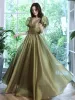 Chic / Beautiful Clover Green Prom Dresses 2021 A-Line / Princess V-Neck Puffy Short Sleeve Backless Floor-Length / Long Formal Dresses