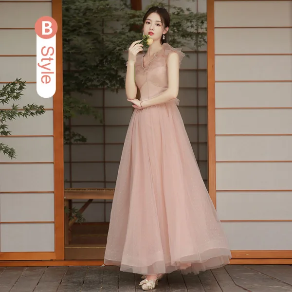 Modest / Simple Dusky Pink Bridesmaid Dresses 2021 A-Line / Princess Short Sleeve Floor-Length / Long Wedding Party Dresses