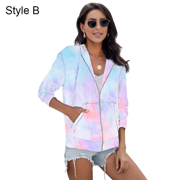 Fashion Fall Winter Street Wear Multi-Colors Tie-dye Sweatshirts 2021 V-Neck Long Sleeve Loose Hooded Women Tops