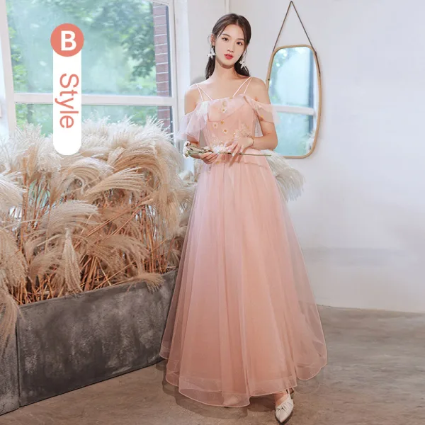 Blumenfee Rosa Pailletten Brautjungfernkleider 2021 A Linie Kurze Ärmel Rückenfreies Lange Kleider Für Hochzeit