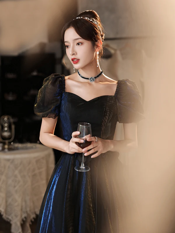 Charming Black Evening Dresses 2021 A-Line / Princess Square Neckline Puffy Short Sleeve Backless Floor-Length / Long Evening Party Formal Dresses