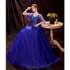 Elegant Royal Blue Prom Dresses 2021 A-Line / Princess V-Neck Short Sleeve Backless Beading Sequins Lace Flower Floor-Length / Long Formal Dresses