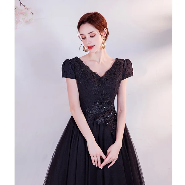 Elegant Black Prom Dresses 2021 A-Line / Princess V-Neck Beading Rhinestone Lace Flower Short Sleeve Backless Floor-Length / Long Formal Dresses