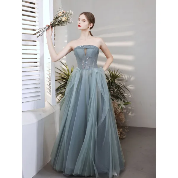 Modest / Simple Sky Blue Beading Prom Dresses 2021 A-Line / Princess Strapless Sleeveless Backless Floor-Length / Long Formal Dresses