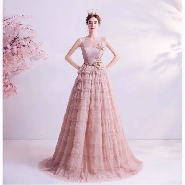 Chic / Belle Rougissant Rose Volants en Cascade Robe De Bal 2021 Princesse Encolure Dégagée Perlage Perle Paillettes En Dentelle Fleur Sans Manches Dos Nu Longue Robe De Ceremonie