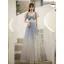 Affordable Sky Blue Gradient-Color Glitter Prom Dresses 2021 A-Line / Princess Square Neckline Pearl Puffy Short Sleeve Backless Floor-Length / Long Formal Dresses