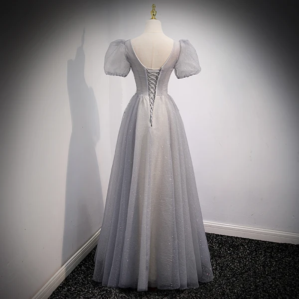 Charming Grey Prom Dresses 2021 A-Line / Princess V-Neck Beading Sequins Puffy Short Sleeve Backless Floor-Length / Long Formal Dresses