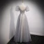Charming Grey Prom Dresses 2021 A-Line / Princess V-Neck Beading Sequins Puffy Short Sleeve Backless Floor-Length / Long Formal Dresses