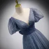 Charming Ocean Blue Spotted Prom Dresses 2021 A-Line / Princess V-Neck Puffy Short Sleeve Backless Bow Floor-Length / Long Prom Formal Dresses