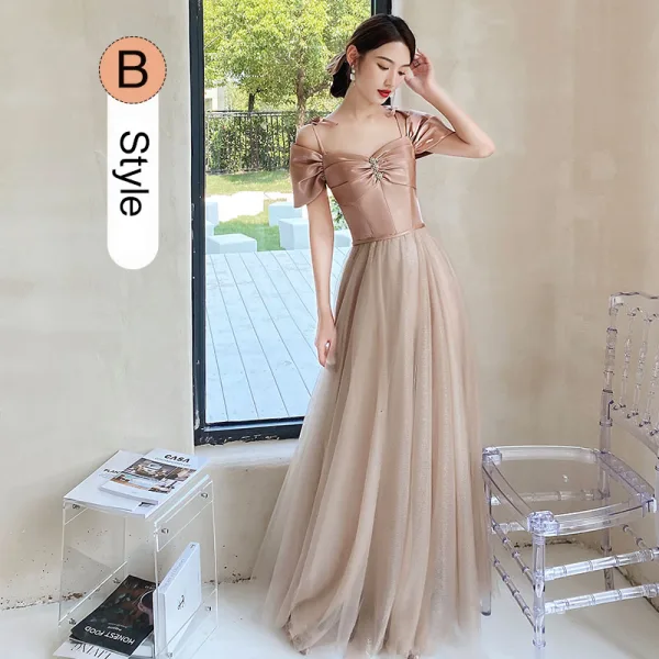 Chic / Beautiful Blushing Pink Bridesmaid Dresses 2021 A-Line / Princess Bow Sash Rhinestone Short Sleeve Backless Floor-Length / Long Wedding Party Dresses