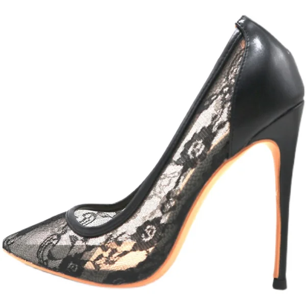 Sexy Black Cocktail Party Evening Party Lace Pumps 2021 Leather 12 cm Stiletto Heels Pointed Toe Pumps High Heels