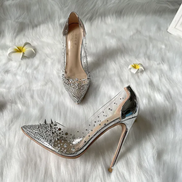 Sexy Transparent Silver Evening Party Rivet Rhinestone Pumps 2021 12 cm Stiletto Heels Pointed Toe Pumps High Heels