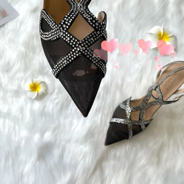 Sexy Noire Soirée Faux Diamant Sandales Femme 2021 Cuir T-Strap 10 cm Talons Aiguilles À Bout Pointu Sandales Talons Hauts