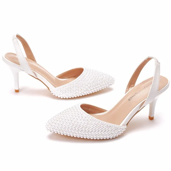 Chic / Beautiful White Pearl Wedding Shoes 2021 7 cm Stiletto Heels Pointed Toe Wedding High Heels